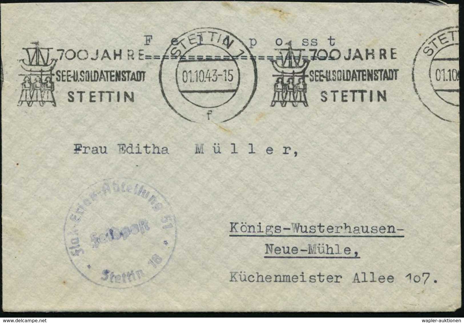 II. WELTKRIEG (1939 - 1945) : STETTIN 1/ F/ 700 JAHRE/ SEE-U.SOLDATENSTADT 1943 (1.10.) BdMWSt = Hansekogge (u. 3 Soldat - WW2