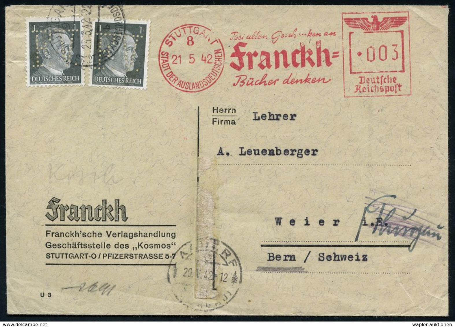 II. WELTKRIEG (1939 - 1945) : STUTTGART/ 8/ SDA/ Bei Allen Geschenken An/ Franckh-/ Bücher Denken 1942 (21.5.) AFS 003 P - WW2