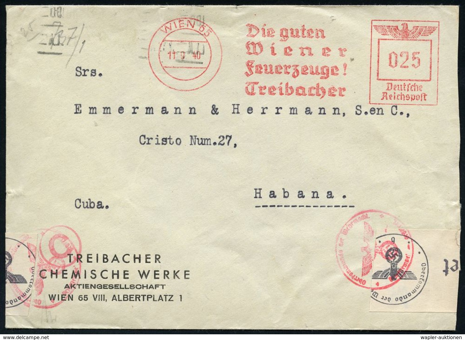II. WELTKRIEG (1939 - 1945) : WIEN 63/ Die Guten/ Wiener/ Feuerzeuge!/ Treibacher 1940 (11.9.) AFS 025 Pf. + 2x Roter OK - WW2
