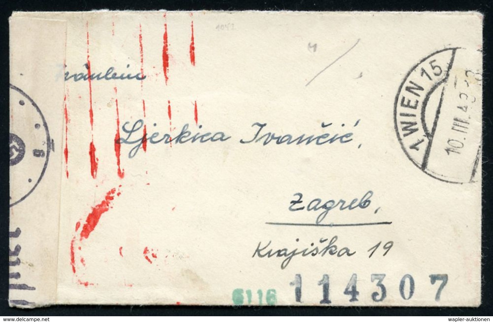 II. WELTKRIEG (1939 - 1945) : (WIEN)/ "KOSMOS"/ ALLGEM.VERSICHERUNGS AG.. 1943 (10.3.) AFS 025 Pf. (Ortsstempel Durch Ze - WW2