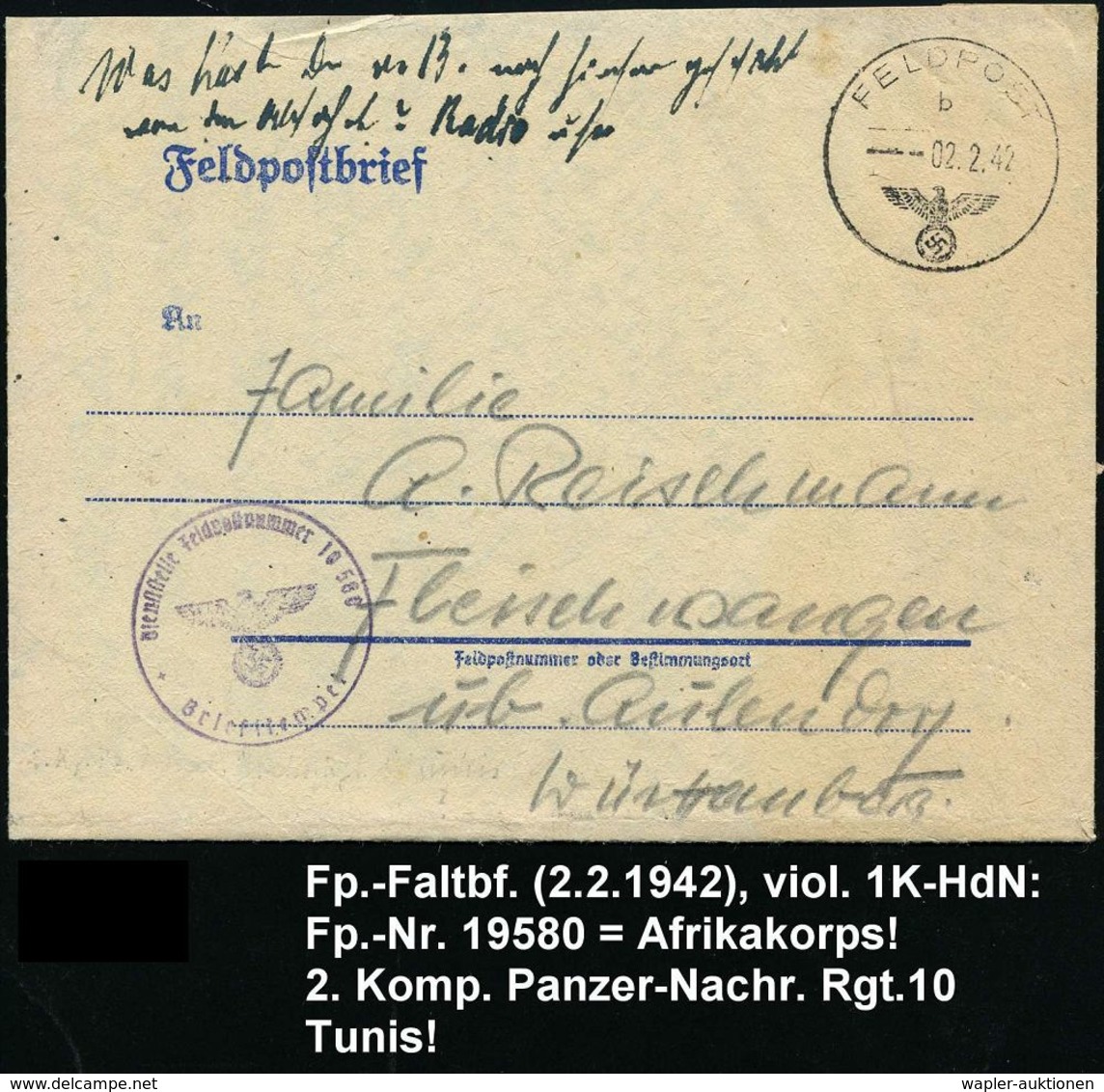 II. WELTKRIEG (1939 - 1945) : DEUTSCHES REICH 1942 (2.2.) 1K: FELDPOST/b/--- + Viol. 1K-HdN: Feldpostnummer 19 580 = Pan - WW2