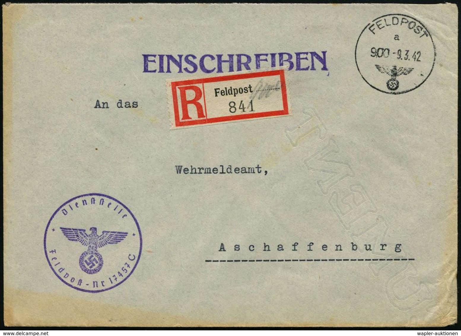 II. WELTKRIEG (1939 - 1945) : DEUTSCHES REICH 1942 (9.3.) 1K: FELDPOST/a/900 + Provis. Feldpost-RZ, "900" Hs. = Fp.-Amt  - Guerre Mondiale (Seconde)