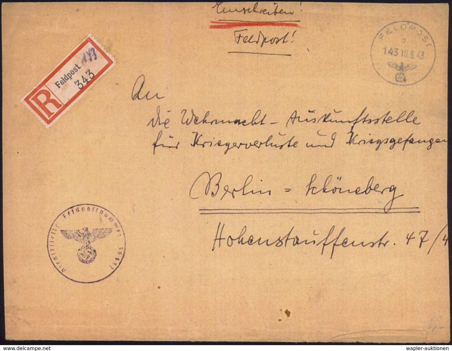 II. WELTKRIEG (1939 - 1945) : DEUTSCHES REICH 1943 (10.6.) 1K: FELDPOST/c/143 + Provis. Fp.-RZ, Nr. Hs. = Fp.-Amt 452, R - Guerre Mondiale (Seconde)