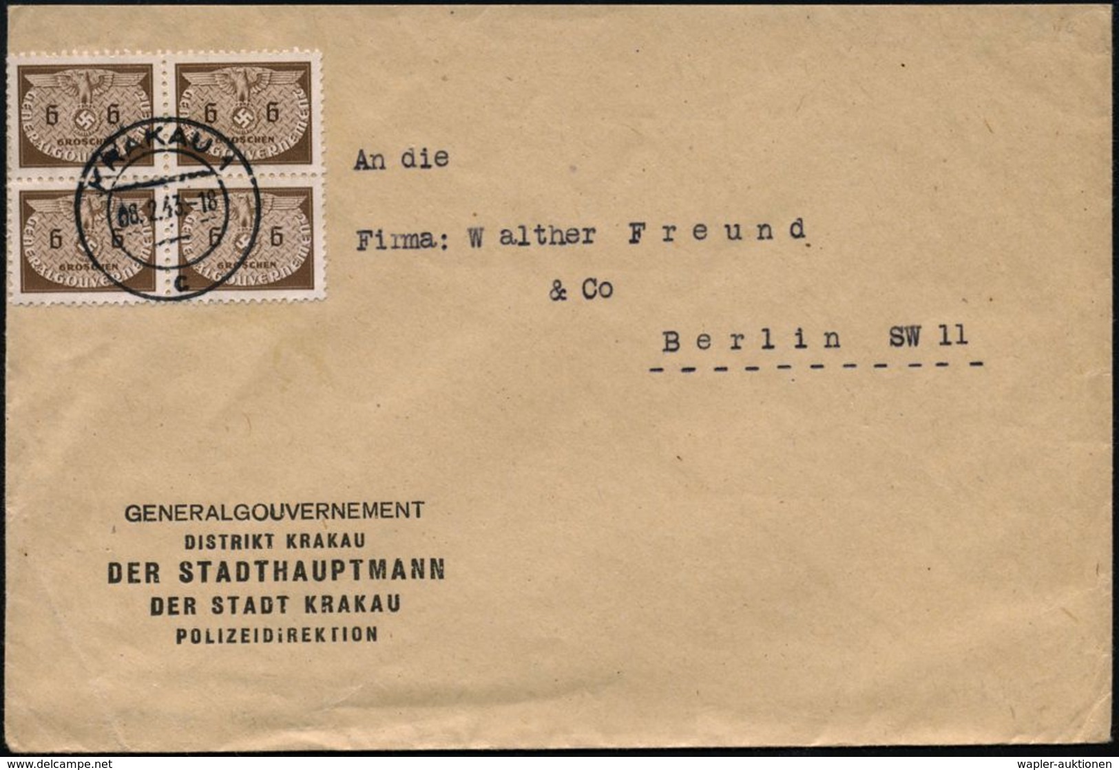 II. WELTKRIEG (1939 - 1945) : GENERALGOUVERNEMENT 1943 (8.2.) 2K-Steg: KRAKAU 1/c Auf 6 Gr. Dienst, Reine MeF: 4er-Block - Guerre Mondiale (Seconde)