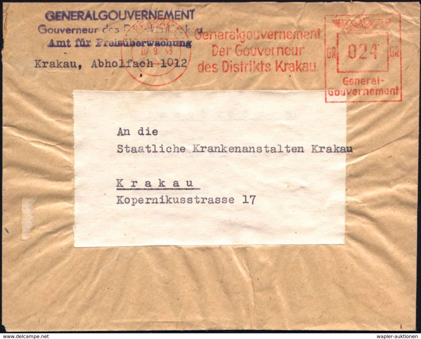 II. WELTKRIEG (1939 - 1945) : GENERALGOUVERNEMENT 1943 (7.9.) Sehr Seltener AFS Francotyp "General-Gouvernement": KRAKAU - Guerre Mondiale (Seconde)