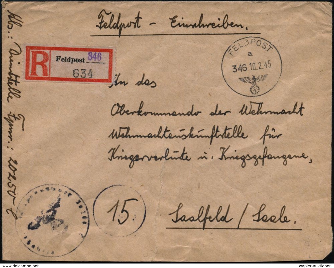 II. WELTKRIEG (1939 - 1945) : DT.BES.NORWEGEN 1945 (10.2.) 1K: FELDPOST/a/346 + Provis. Fp.-RZ M. Zugestempelter Nr. 846 - WW2