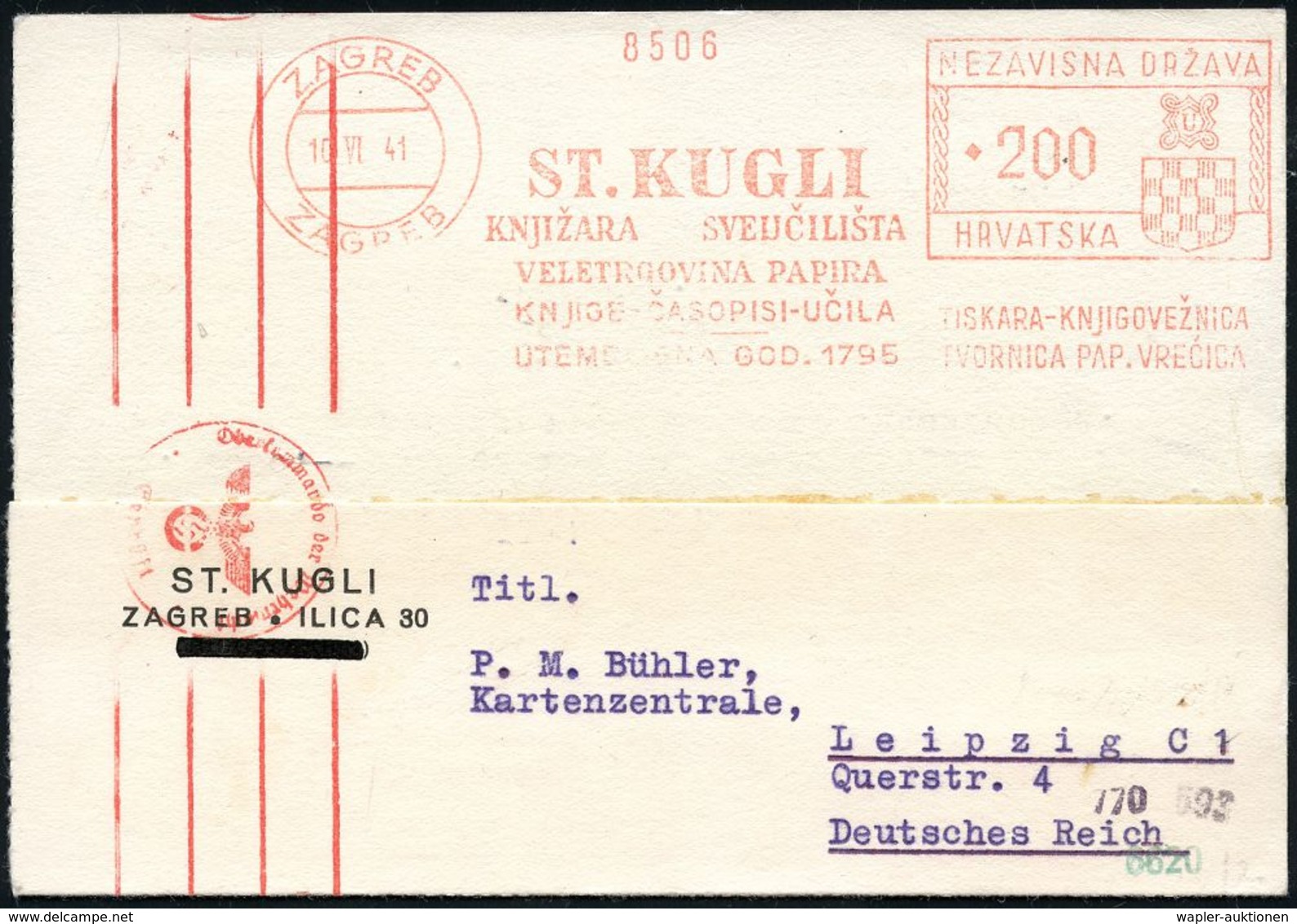 II. WELTKRIEG (1939 - 1945) : KROATIEN 1941 (10.VI.) Seltener AFS Francotyp: ZAGREB/ST. KUGLI.. Mit Kroat. Wappen + Rote - WW2