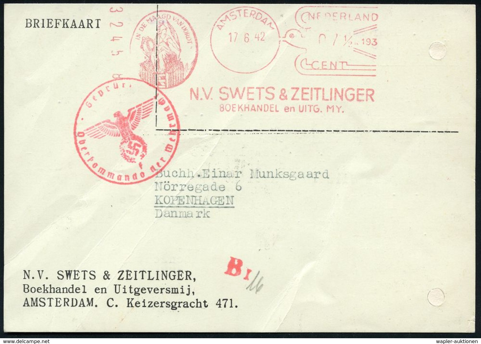II. WELTKRIEG (1939 - 1945) : NIEDERLANDE 1942 (17.6.) Seltener AFS "Komusina" Brieftaube: AMSTERDAM/N.V. SWETS & ZEITLI - WW2