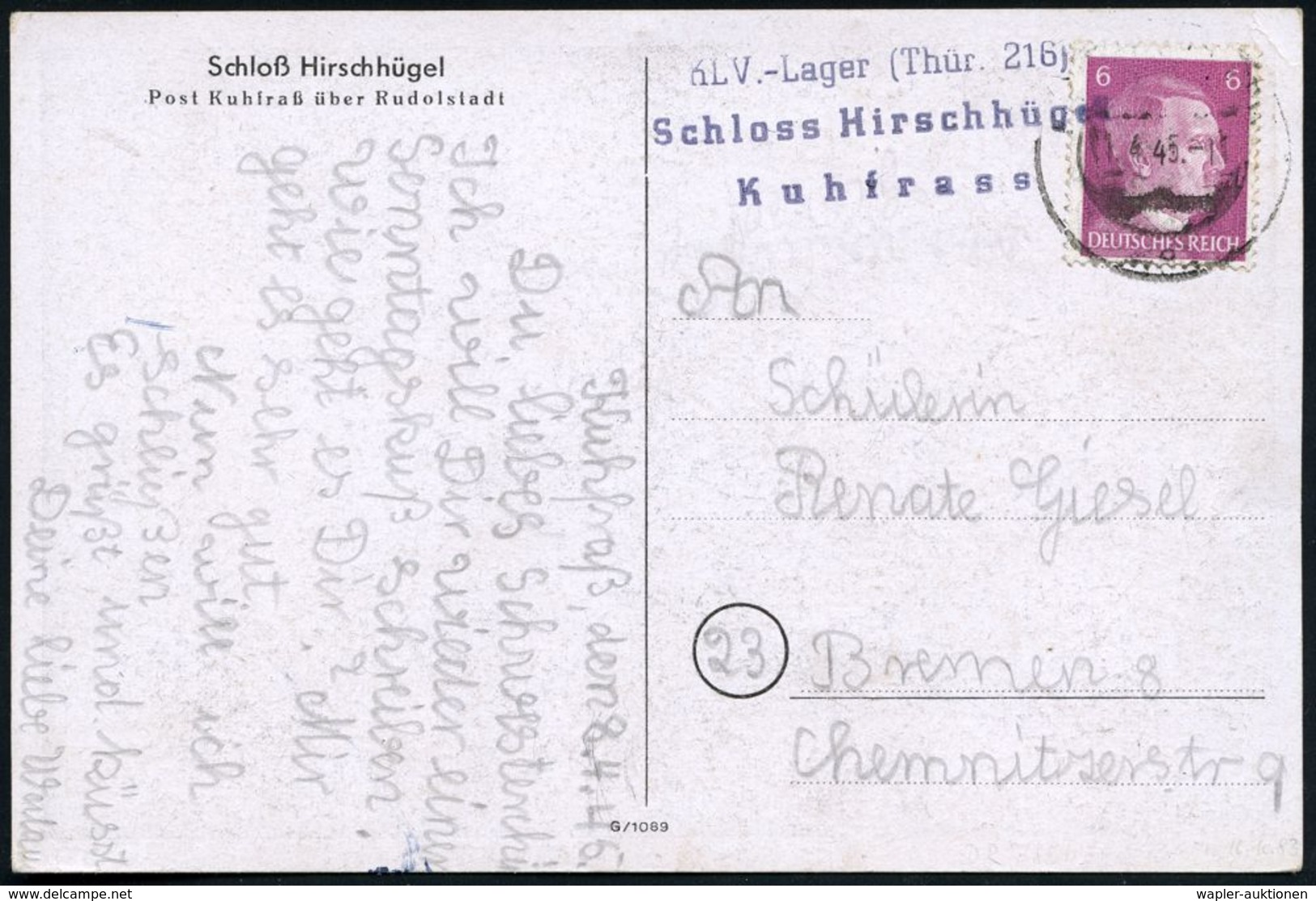 KINDERLANDVERSCHICKUNG (KLV) / KLV-LAGER : Kuhfrass 1945 (11.4.) Viol. 3L: K L V. - Lager (Thür. 216)/ Schloss Hirschhüg - 2. Weltkrieg