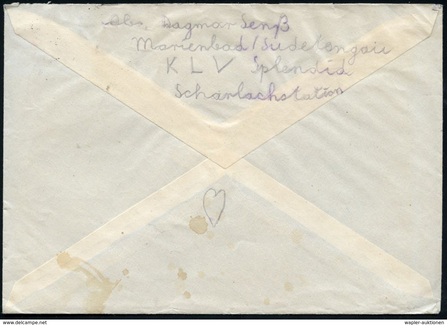 KINDERLANDVERSCHICKUNG (KLV) / KLV-LAGER : MARIENBAD 1/ F 1941 (22.11.) 2K-Steg + Viol. 3L: K L V - Lager/Hotel Splendid - Guerre Mondiale (Seconde)