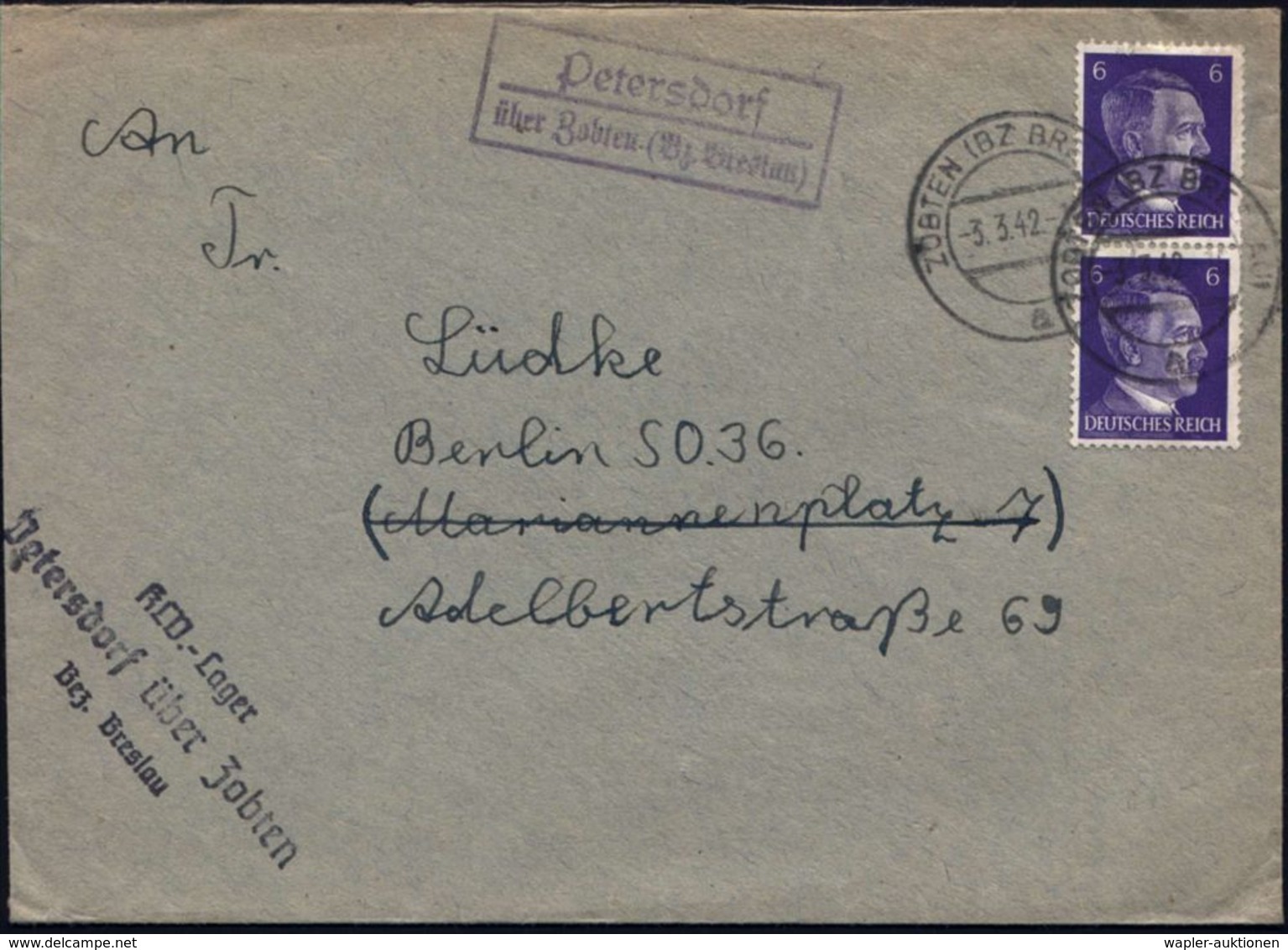 KINDERLANDVERSCHICKUNG (KLV) / KLV-LAGER : Petersdorf/ über Zobten (Bz.Breslau) 1942 (3.3.) Viol. Ra.2 + 2K: ZOBTEN (BZ  - WW2