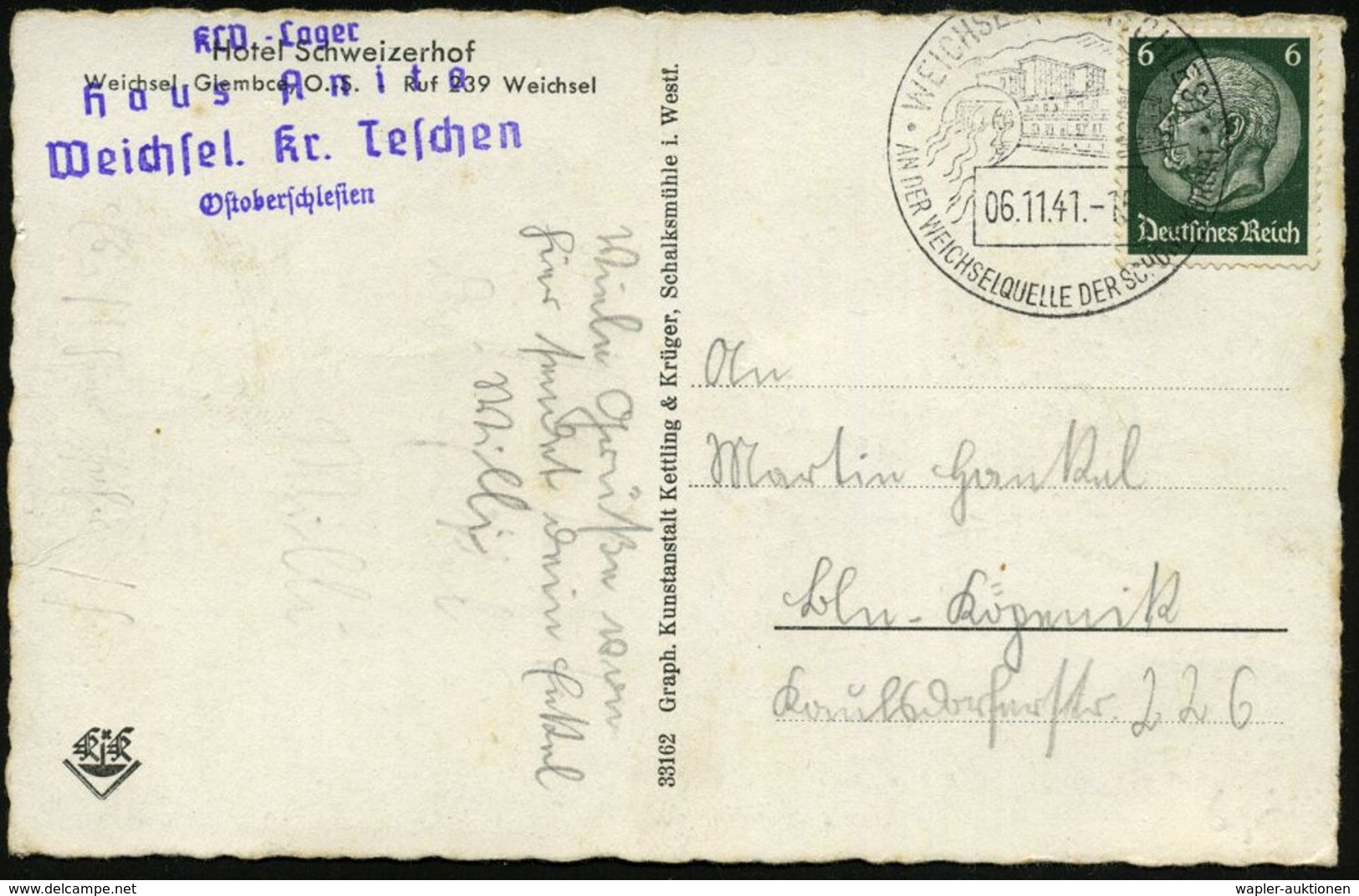 KINDERLANDVERSCHICKUNG (KLV) / KLV-LAGER : WEICHSEL (SCHLES)/ AN DER WEICHSELQUELLE.. 1941 (6.11.) HWSt (Weichsel-Quelle - 2. Weltkrieg