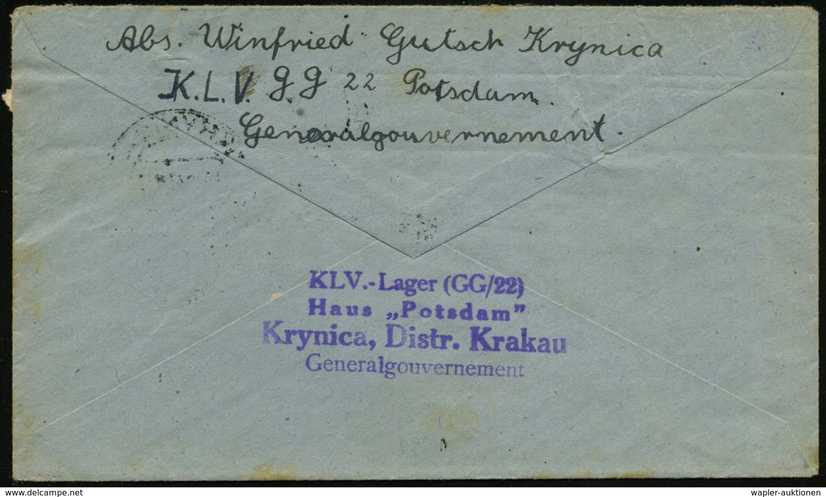 KINDERLANDVERSCHICKUNG (KLV) / KLV-LAGER : GENERALGOUVERNEMENT 1943 (19.12.) 2K-Steg: KRYNICA/h/(DISTR KRAKAU) + Viol. 4 - WW2