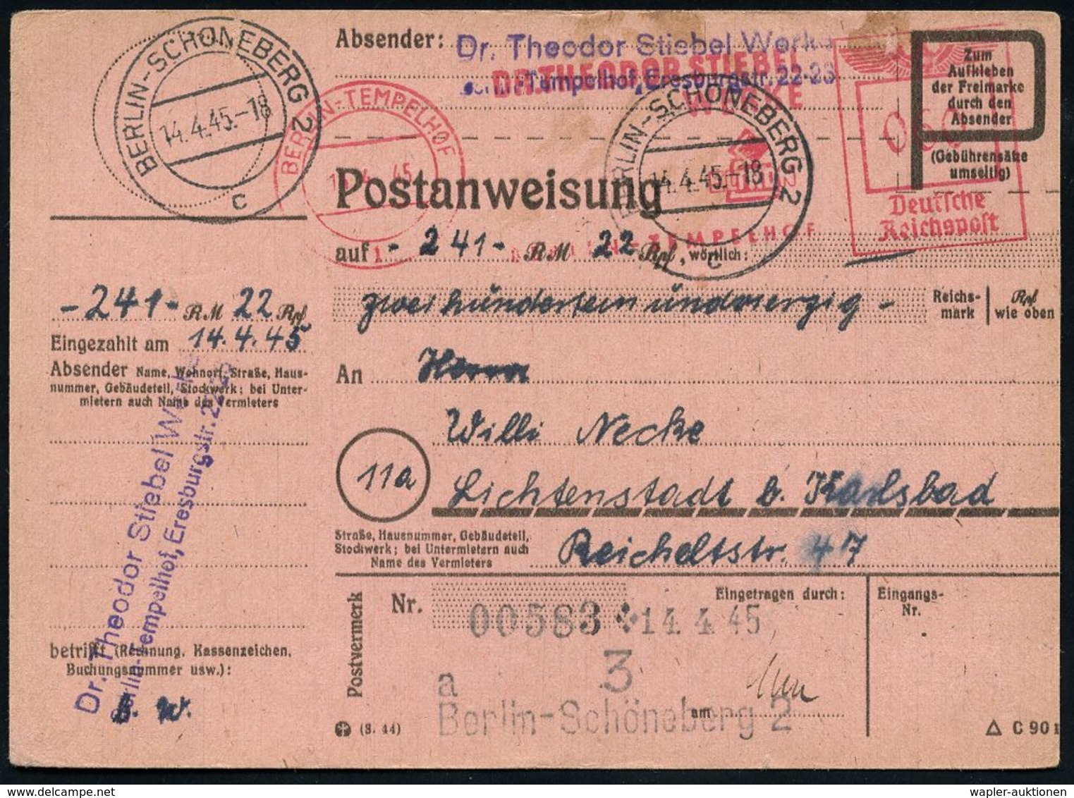 ÜBERROLLER / SPÄTE POST (Januar Bis 8.5.1945) : BERLIN-TEMPELHOF/ 1/ DR.THEODOR STIEBEL/ WERKE.. 1945 (14.4.) Seltener A - Seconda Guerra Mondiale