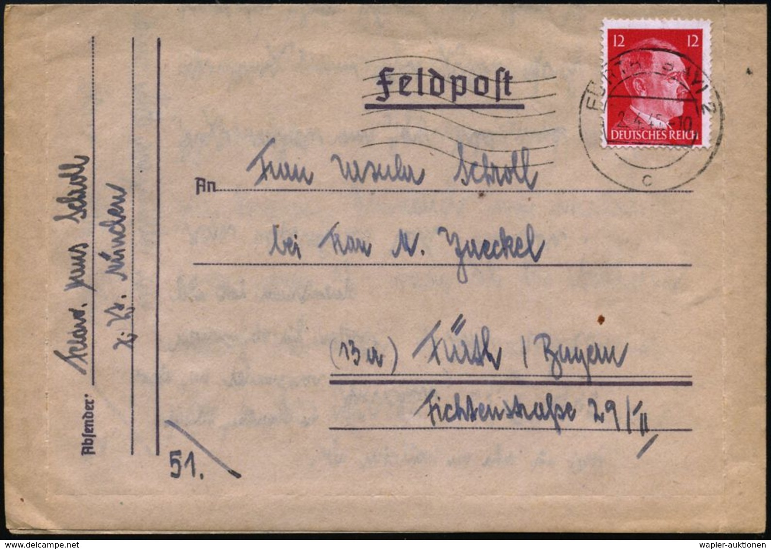 ÜBERROLLER / SPÄTE POST (Januar Bis 8.5.1945) : FÜRTH (BAY) 2/ C 1945 (2.4.) MaWellenSt Auf EF 12 Pf. Hitler, Frankierte - 2. Weltkrieg