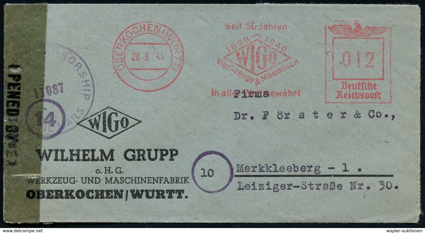 ÜBERROLLER / SPÄTE POST (Januar Bis 8.5.1945) : OBERKOCHEN (WÜRTT)/ Seit 50 Jahren/ WIGO/ Werkzeuge U. Maschinen.. 1945  - 2. Weltkrieg