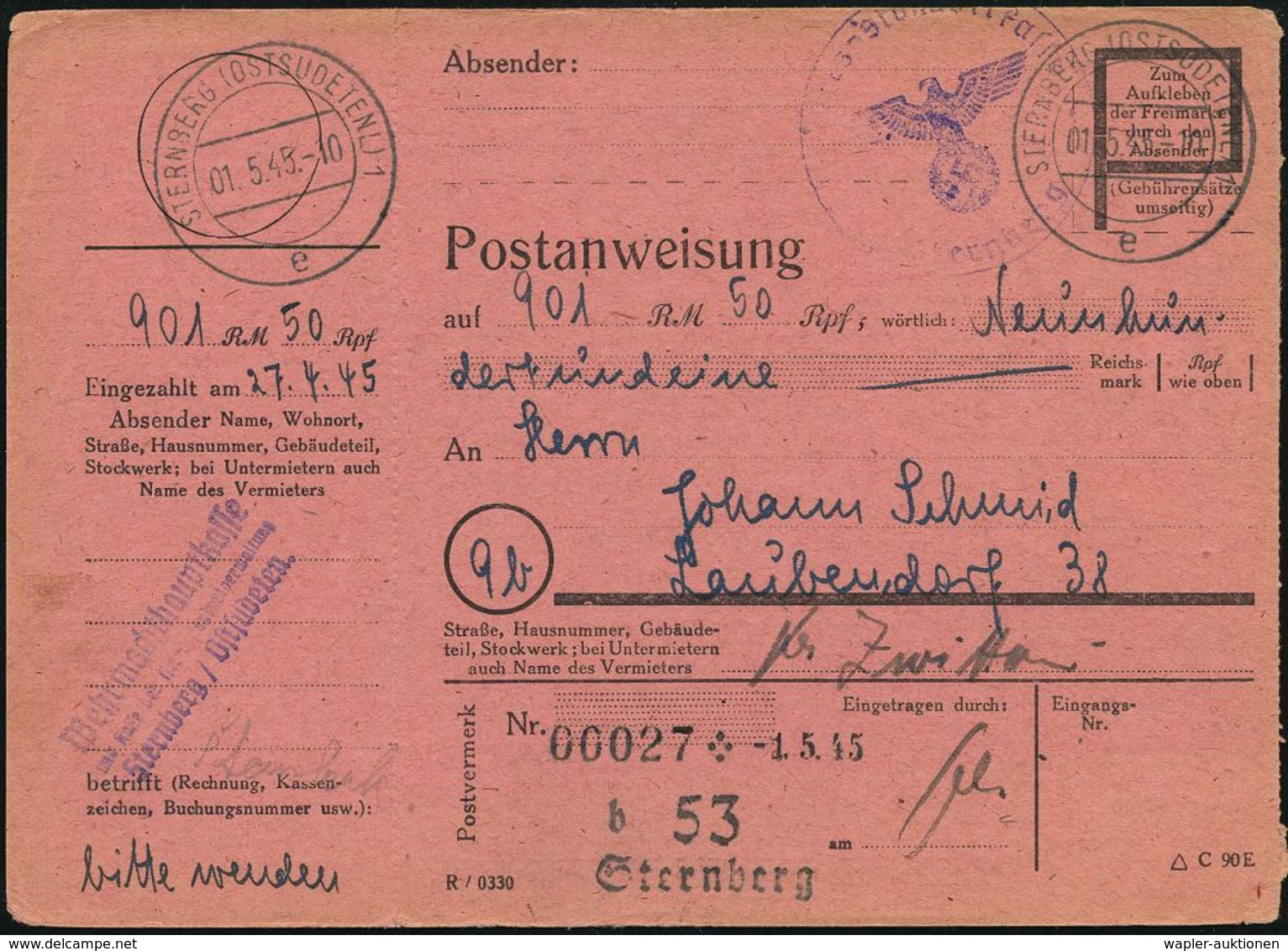 ÜBERROLLER / SPÄTE POST (Januar Bis 8.5.1945) : STERNBERG (OSTSUDETENL) 1/ E 1945 (1.5.) 2K-Steg + Viol. 1K-HdN: Wehrmac - WW2