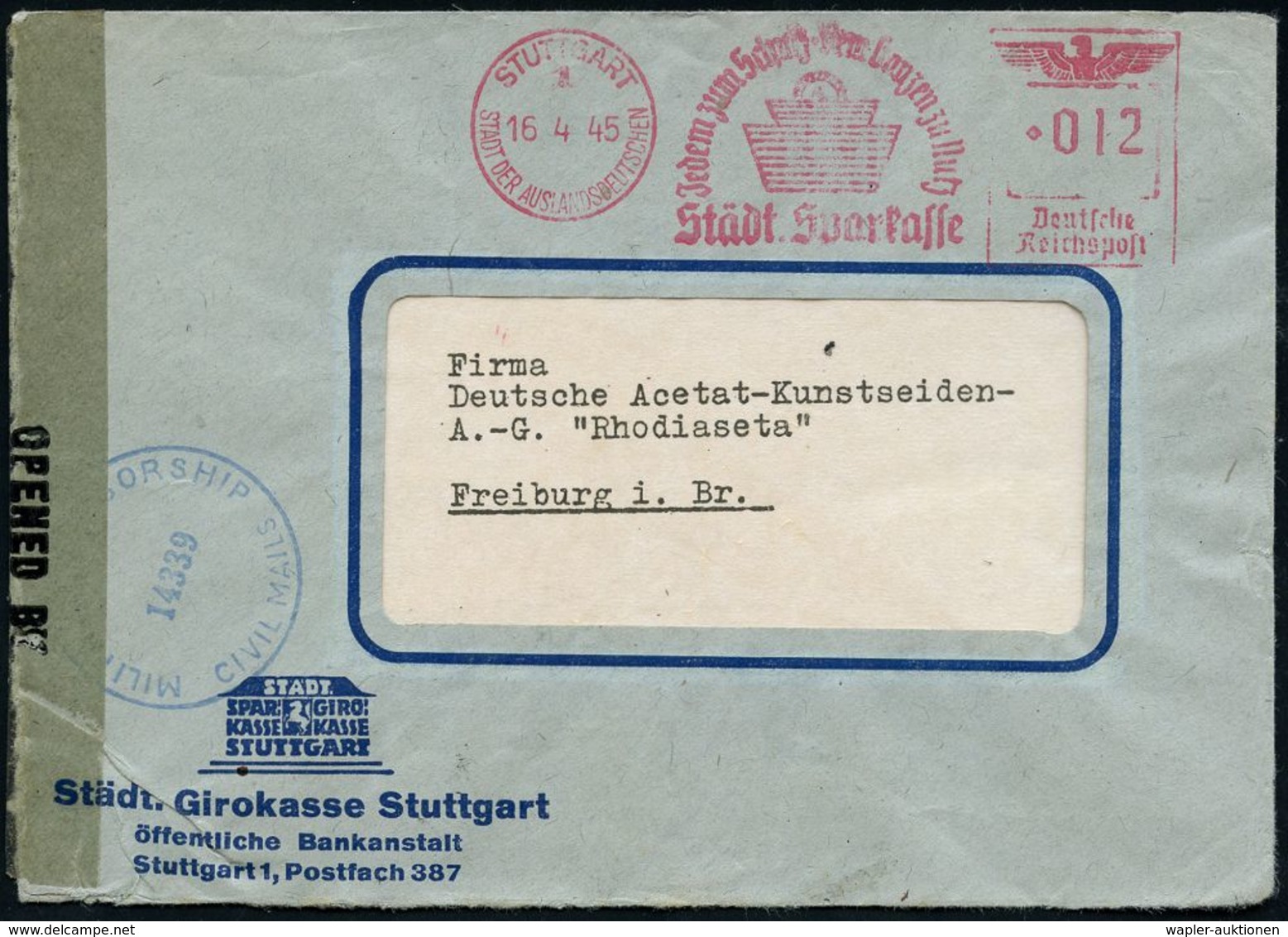 ÜBERROLLER / SPÄTE POST (Januar Bis 8.5.1945) : STUTTGART/ / 1/ SDA/ ..Städt.Sparkasse 1945 (16.4.) AFS 012 Pf. (Münze U - 2. Weltkrieg