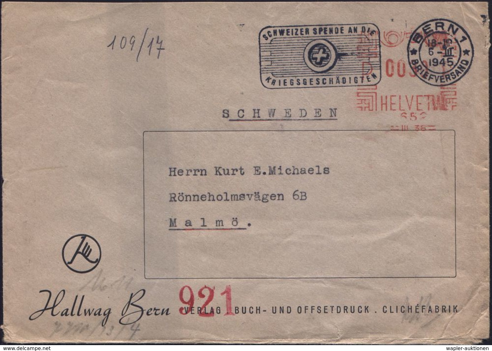 ÜBERROLLER / SPÄTE POST (Januar Bis 8.5.1945) : SCHWEIZ 1945 (6.3.) AFS Nr.652 Ohne Ort + Vorschriftsmässiger MWSt.: BER - WW2