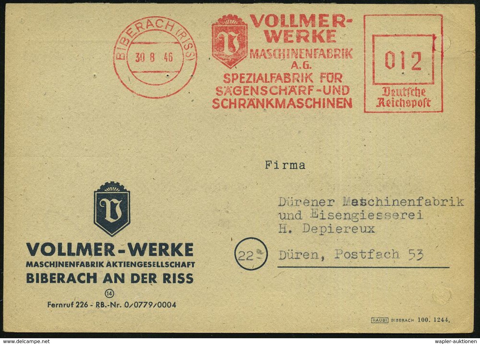 DEUTSCHLAND NACH DEM 8. MAI 1945: ALLIIERTE BESETZUNG / KONTROLLRAT : BIBERACH (RISS)/ VOLLMER-/ WERKE/ MASCHINENFABRIK/ - Autres & Non Classés