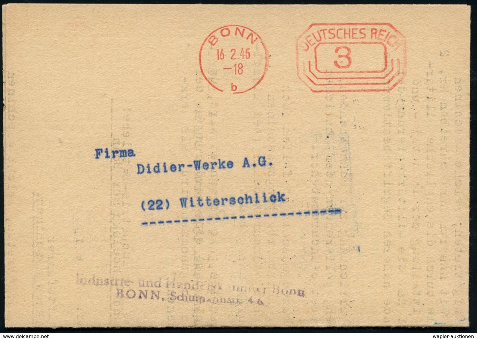 DEUTSCHLAND NACH DEM 8. MAI 1945: ALLIIERTE BESETZUNG / KONTROLLRAT : BONN/ B/ DEUTSCHES REICH 1945 (16.2.) PFS 3 Pf. Ac - Altri & Non Classificati