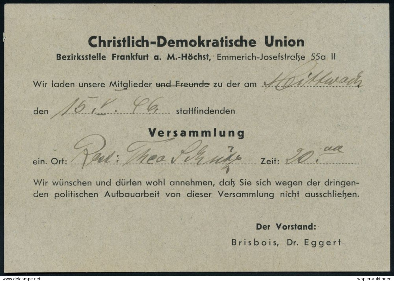 DEUTSCHLAND NACH DEM 8. MAI 1945: ALLIIERTE BESETZUNG / KONTROLLRAT : FRANKFURT (MAIN) HÖCHST 1946 (11.5.) Sehr Seltener - Autres & Non Classés