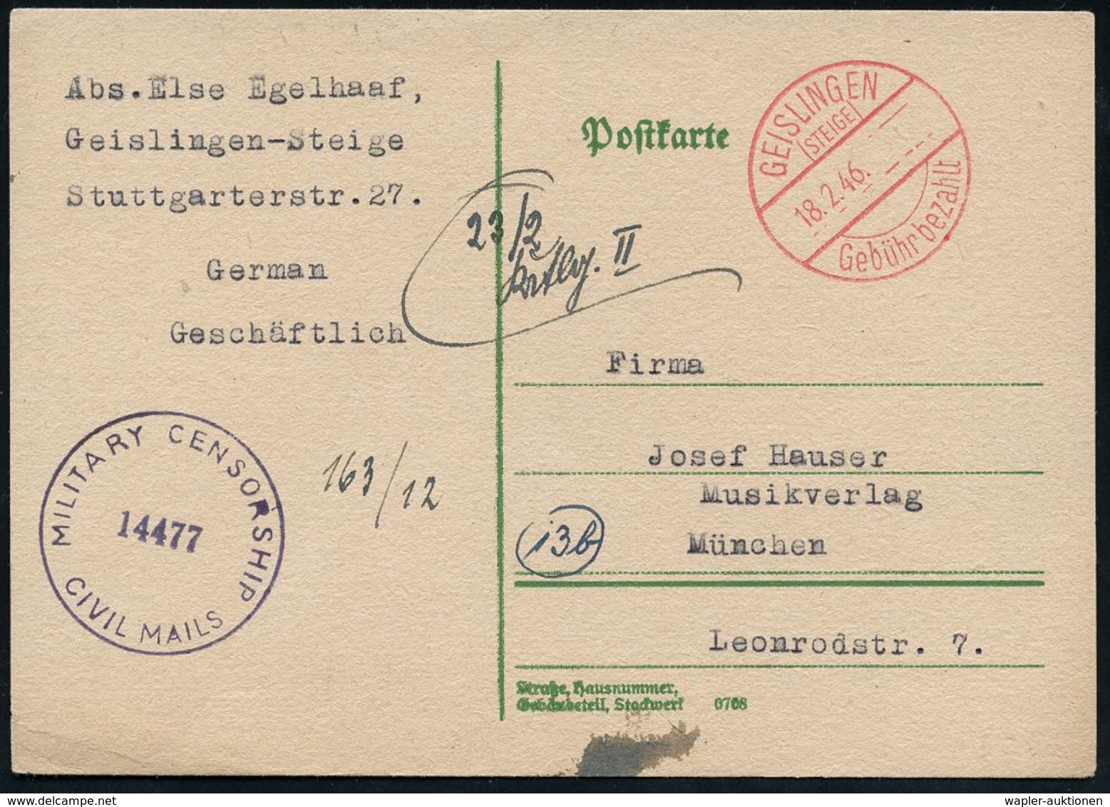 DEUTSCHLAND NACH DEM 8. MAI 1945: ALLIIERTE BESETZUNG / KONTROLLRAT : GEISLINGEN/ (STEIGE)/ Gebühr Bezahlt 1946 (18.2.)  - Autres & Non Classés