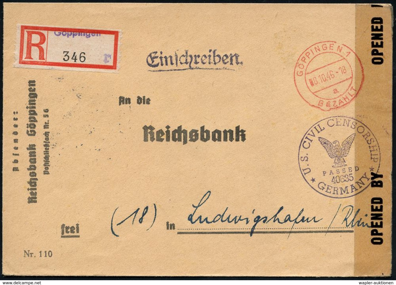 DEUTSCHLAND NACH DEM 8. MAI 1945: ALLIIERTE BESETZUNG / KONTROLLRAT : GÖPPINGEN 1/ A/ BEZAHLT 1946 (8.10.) 2K-Steg-PFS + - Sonstige & Ohne Zuordnung