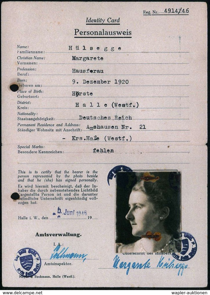 DEUTSCHLAND NACH DEM 8. MAI 1945: ALLIIERTE BESETZUNG / KONTROLLRAT : Halle/ Westf. 1946 (5.6.) Orig. Personalausweis "I - Altri & Non Classificati