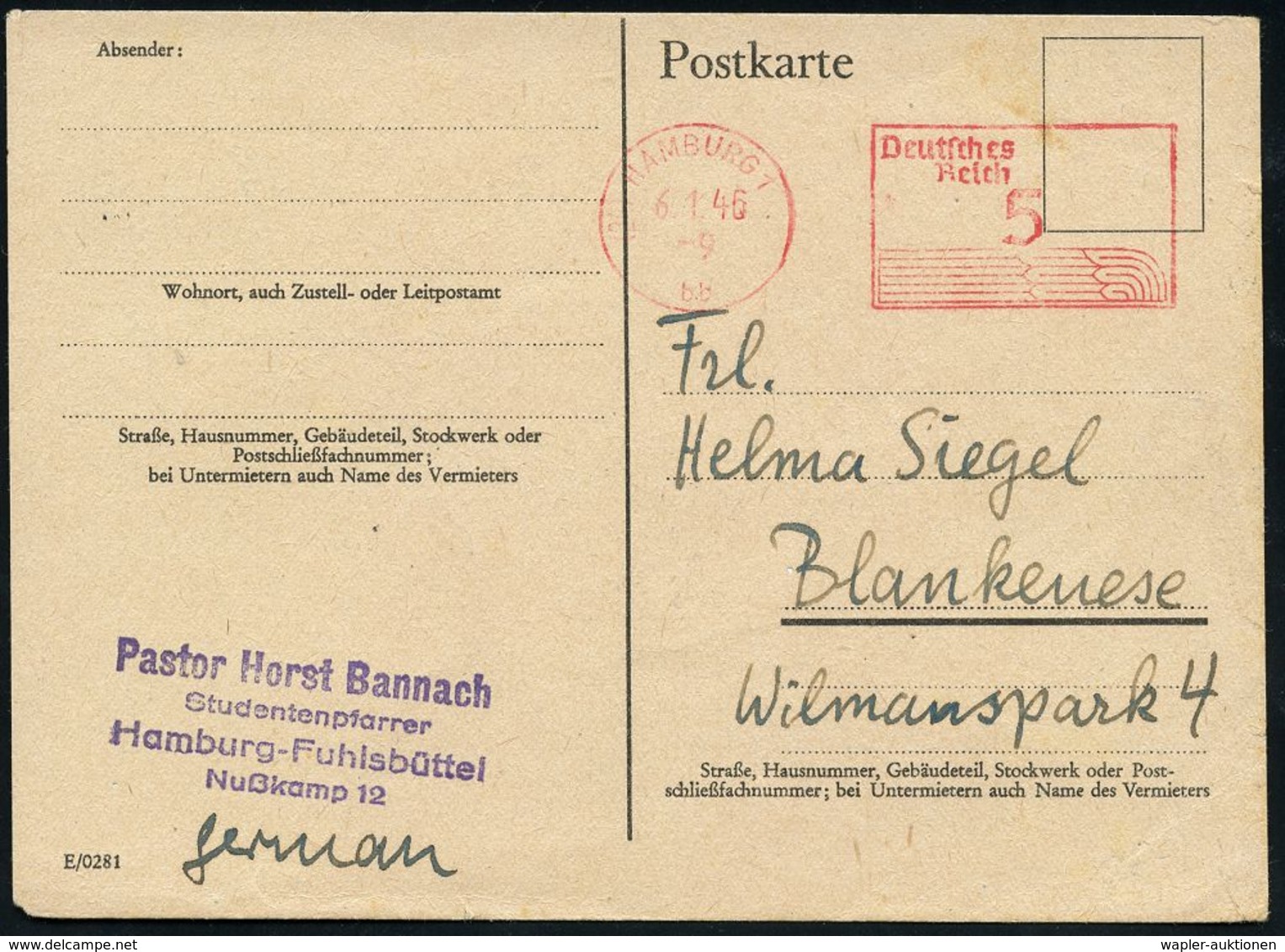 DEUTSCHLAND NACH DEM 8. MAI 1945: ALLIIERTE BESETZUNG / KONTROLLRAT : (24) HAMBURG 1/ Bb/ Deutsches/ Reich 1946 (6.1.) S - Other & Unclassified