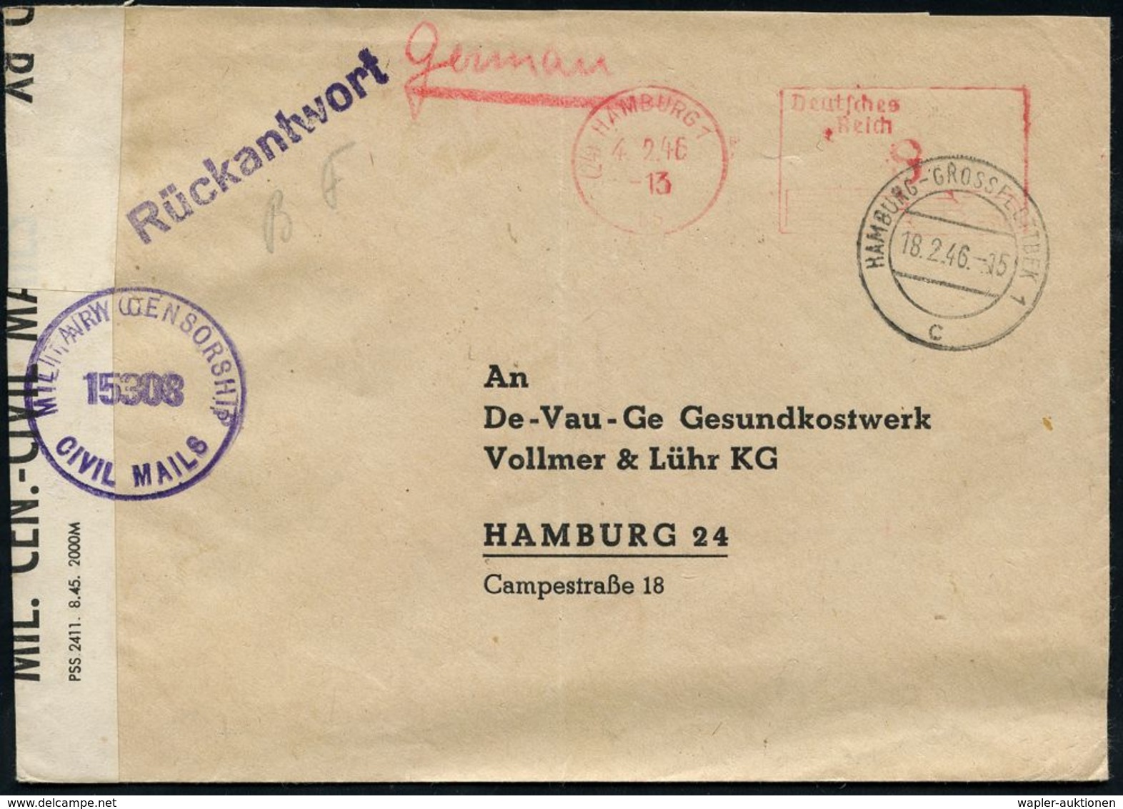 DEUTSCHLAND NACH DEM 8. MAI 1945: ALLIIERTE BESETZUNG / KONTROLLRAT : (24) HAMBURG 1/ Bb/ Deutsches/ Reich 1946 (4.2.) S - Autres & Non Classés