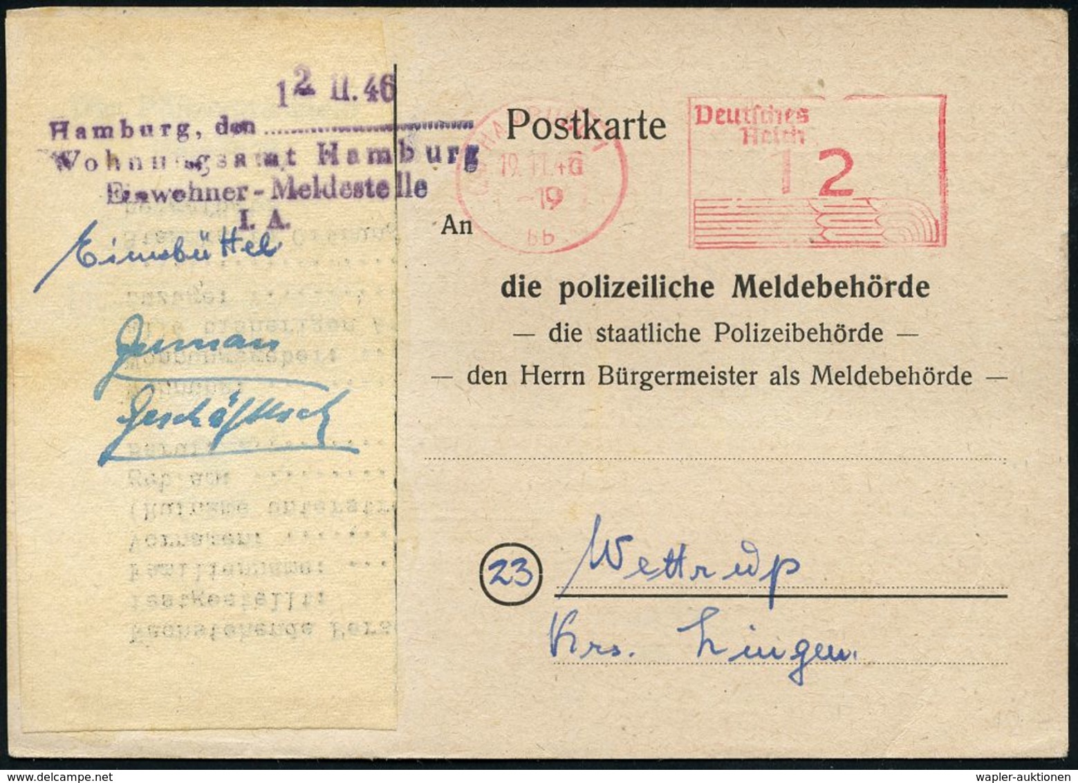 DEUTSCHLAND NACH DEM 8. MAI 1945: ALLIIERTE BESETZUNG / KONTROLLRAT : (24) HAMBURG 1/ Bb/ Deutsches/ Reich 1946 (19.11.) - Autres & Non Classés