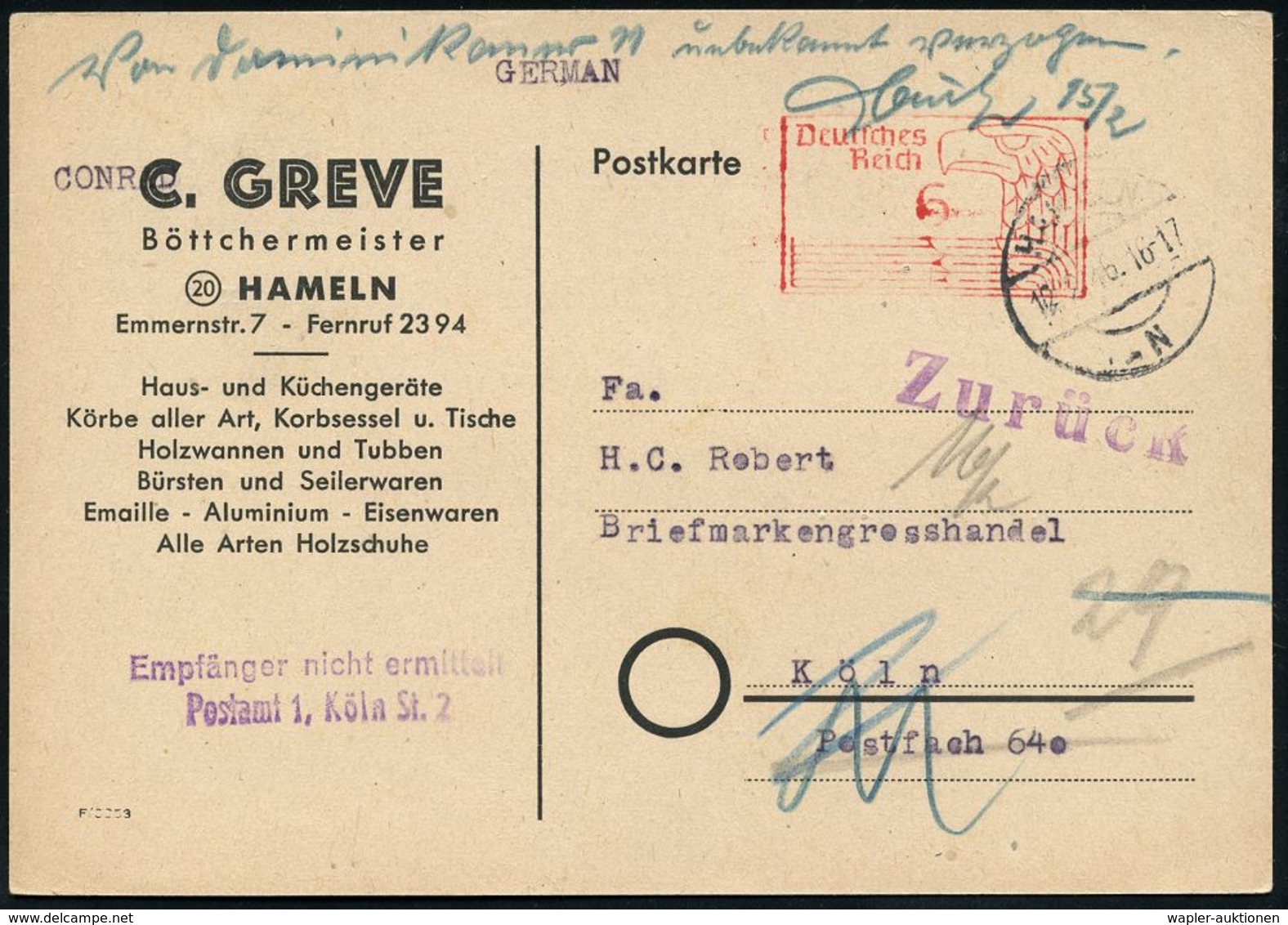 DEUTSCHLAND NACH DEM 8. MAI 1945: ALLIIERTE BESETZUNG / KONTROLLRAT : HAMELN/ N 1946 (12.2.) 1K-Brücke Auf Wertrahmen "A - Autres & Non Classés