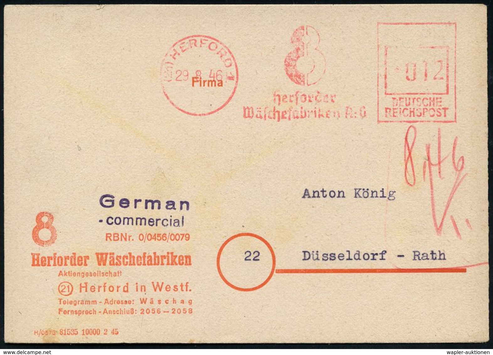 DEUTSCHLAND NACH DEM 8. MAI 1945: ALLIIERTE BESETZUNG / KONTROLLRAT : HERFORD 1/ Herforder/ Wäschefabriken AG. 1946 (29. - Autres & Non Classés