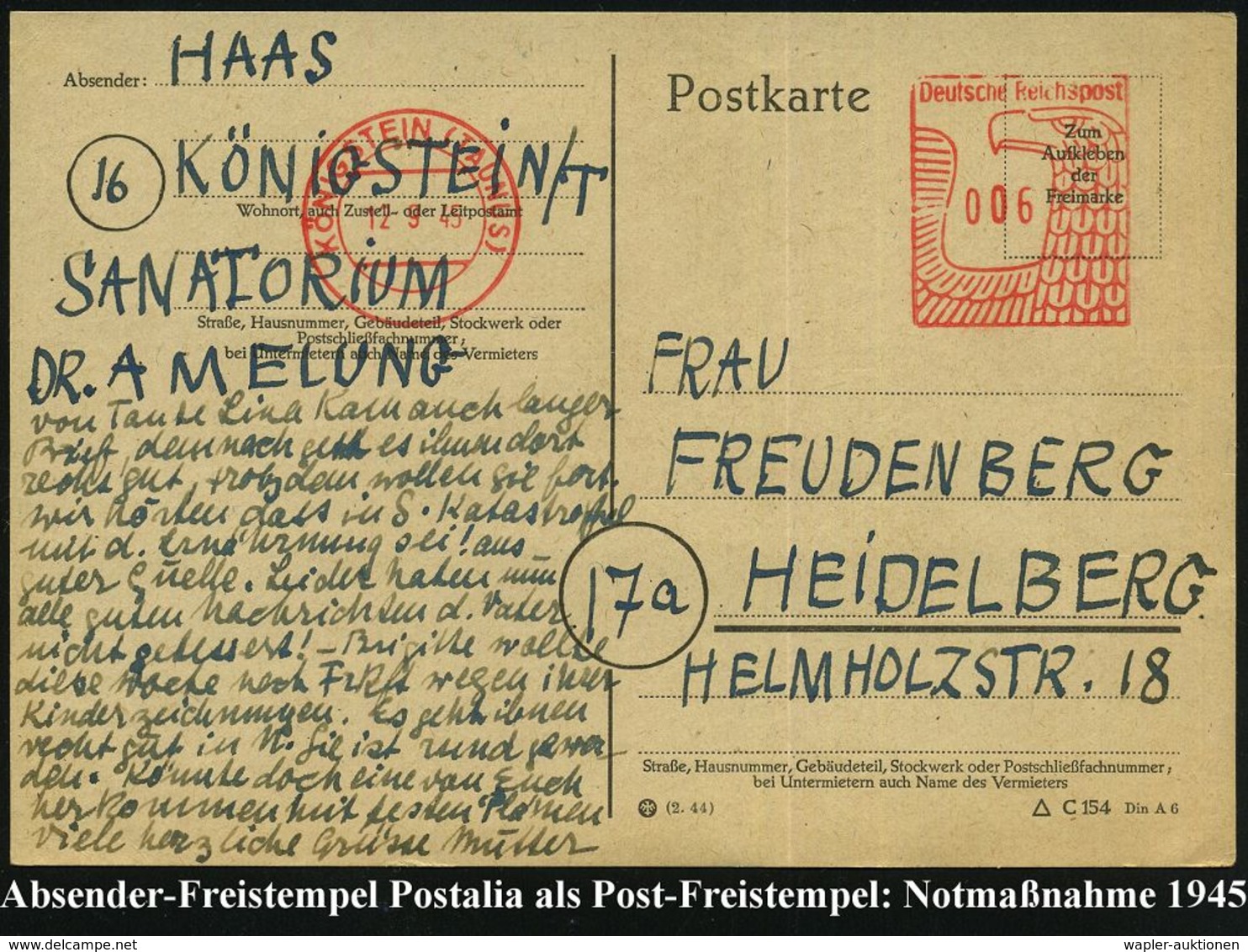 DEUTSCHLAND NACH DEM 8. MAI 1945: ALLIIERTE BESETZUNG / KONTROLLRAT : KÖNIGSTEIN (TAUNUS)/ Deutsche Reichspost 1945 (12. - Other & Unclassified