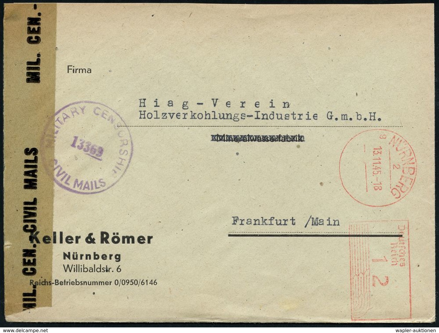 DEUTSCHLAND NACH DEM 8. MAI 1945: ALLIIERTE BESETZUNG / KONTROLLRAT : NÜRNBERG/ 2/ G/ Deutsches/ Reich 1945 (13.11.) Apt - Sonstige & Ohne Zuordnung