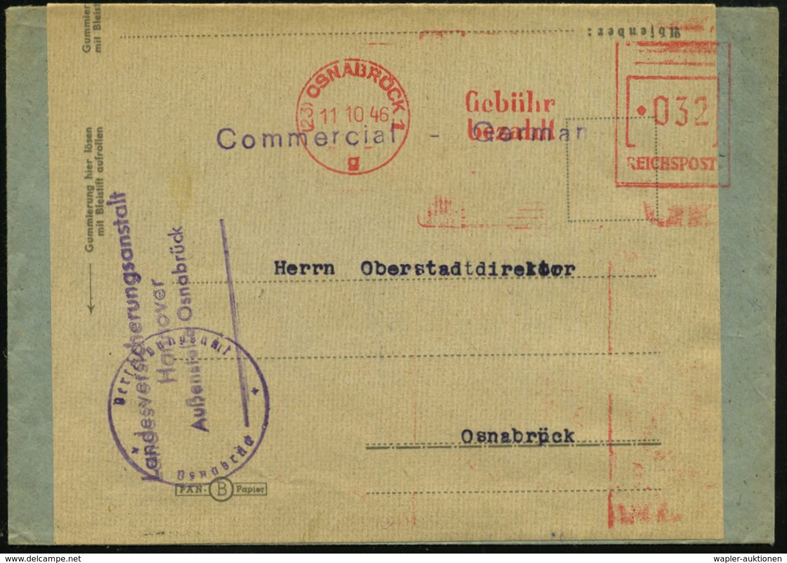 DEUTSCHLAND NACH DEM 8. MAI 1945: ALLIIERTE BESETZUNG / KONTROLLRAT : (23) OSNABRÜCK 1/ G/ Gebühr/ Bezahlt/  EICHSPOST 1 - Other & Unclassified