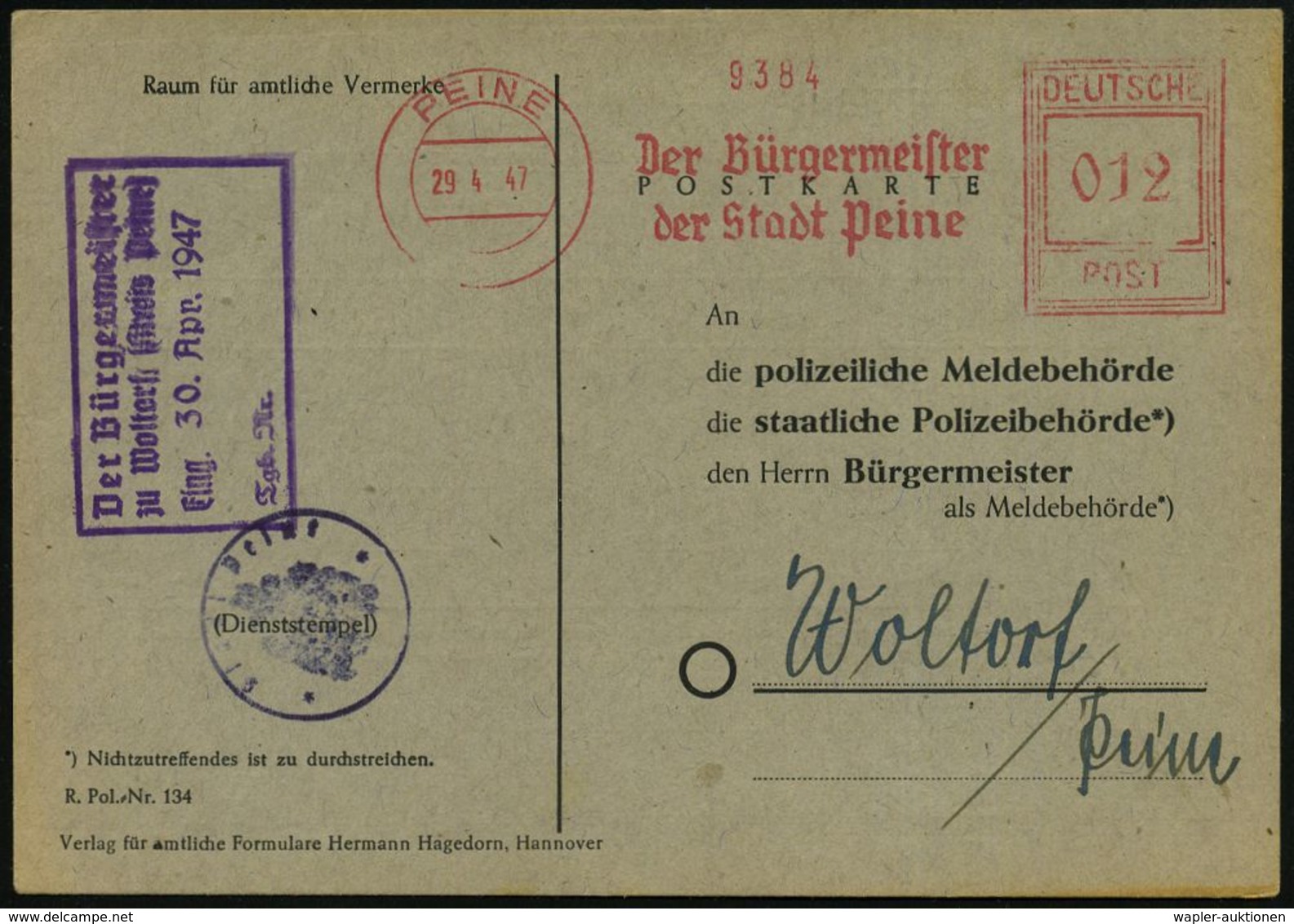 DEUTSCHLAND NACH DEM 8. MAI 1945: ALLIIERTE BESETZUNG / KONTROLLRAT : PEINE/ Der Bürgermeister.. 1947 (29.4.) Seltener A - Other & Unclassified