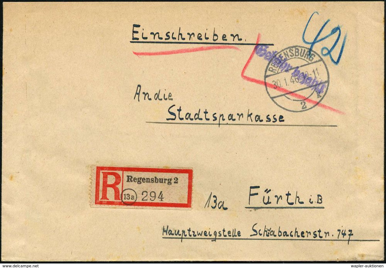 DEUTSCHLAND NACH DEM 8. MAI 1945: ALLIIERTE BESETZUNG / KONTROLLRAT : REGENSBURG/ 2/ K 1946 (30.1.) 1K-Brücke + Viol. 1L - Other & Unclassified