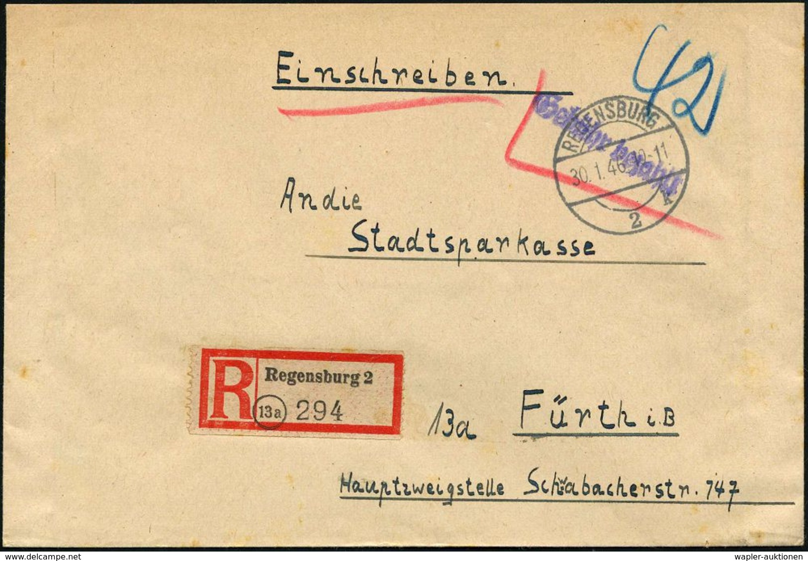 DEUTSCHLAND NACH DEM 8. MAI 1945: ALLIIERTE BESETZUNG / KONTROLLRAT : REGENSBURG/ 2/ K 1946 (30.1.) 1K-Brücke + Viol. 1L - Autres & Non Classés