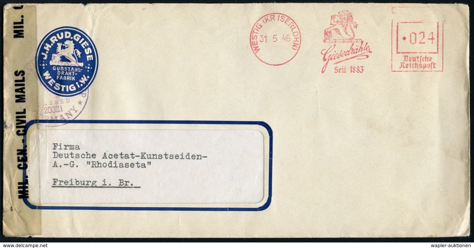 DEUTSCHLAND NACH DEM 8. MAI 1945: ALLIIERTE BESETZUNG / KONTROLLRAT : WESTIG (KR ISERLOHN)/ Giesedrähte/ Seit 1883 1946  - Autres & Non Classés