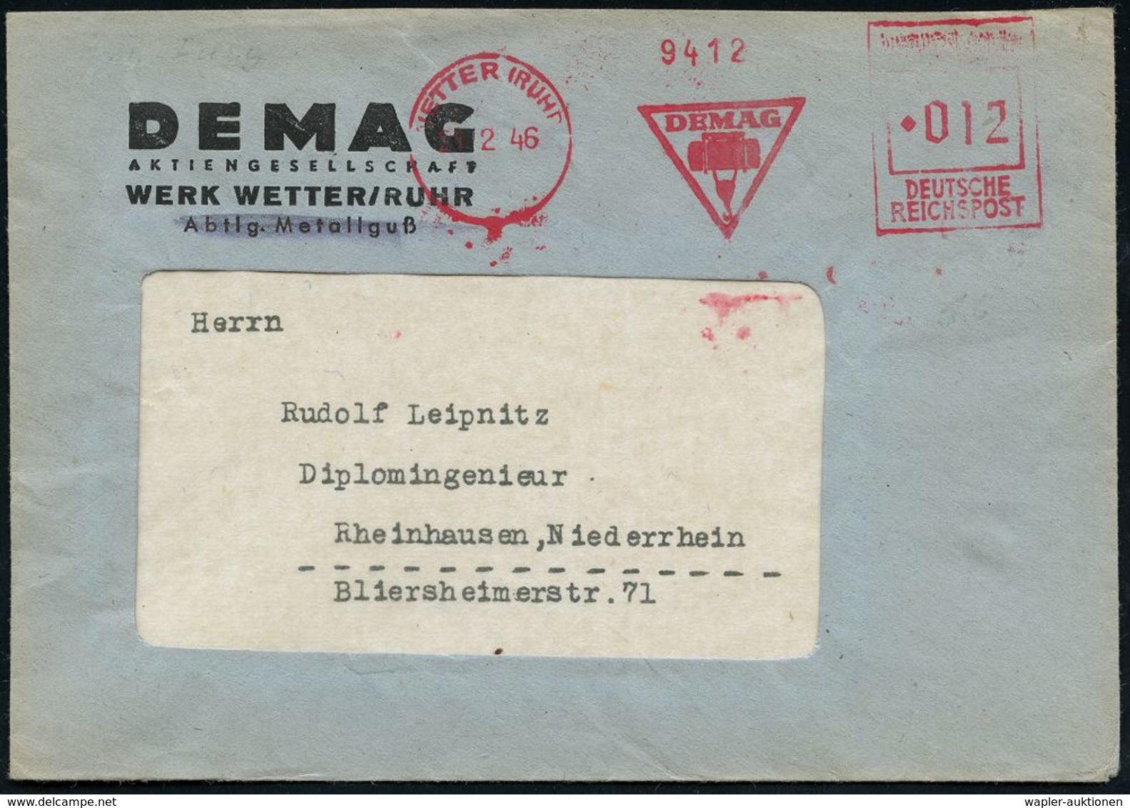 DEUTSCHLAND NACH DEM 8. MAI 1945: ALLIIERTE BESETZUNG / KONTROLLRAT : WETTER (RUHR)/ 1/ DEMAG 1946 (21.2.) Seltener, Apt - Autres & Non Classés