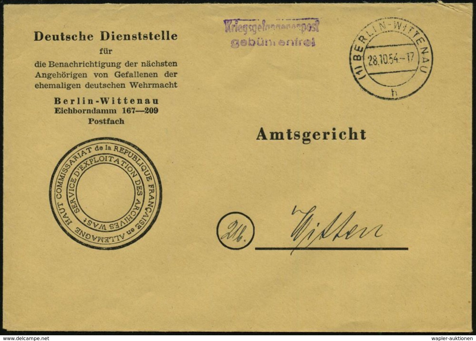 WAST / SUCHDIENST / HEIMKEHRER : (1) BERLIN-WITTENAU/ H 1954 (28.10.) 2K-Steg + 2L: Kriegsgefangenenpost/gebührenfrei ,  - Sonstige & Ohne Zuordnung