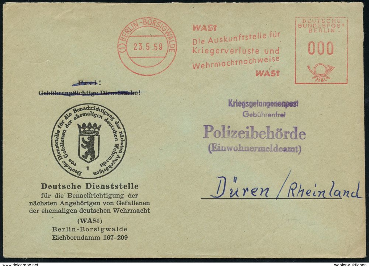 WAST / SUCHDIENST / HEIMKEHRER : (1) BERLIN-BORSIGWALDE/ WASt/ Die Auskunftsstelle Für/ Kriegerverluste.. 1959 (23.5.) A - Other & Unclassified