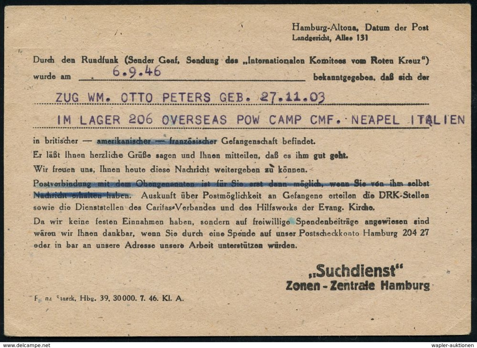 WAST / SUCHDIENST / HEIMKEHRER : (24) HAMBURG 1/ Bb/ Deutsches/ Reich 1946 (15.10.) Aptierter PFS "Adlerkopf/Hakenkreuz" - Other & Unclassified