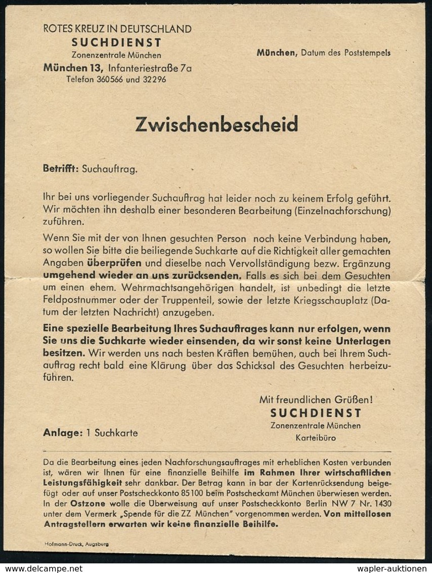 WAST / SUCHDIENST / HEIMKEHRER : (13b) MÜNCHEN 2/ Cd/ DEUTSCHE/ POST 1949 (20.4.) Seltener, Roter Band-PFS   O H N E  We - Other & Unclassified
