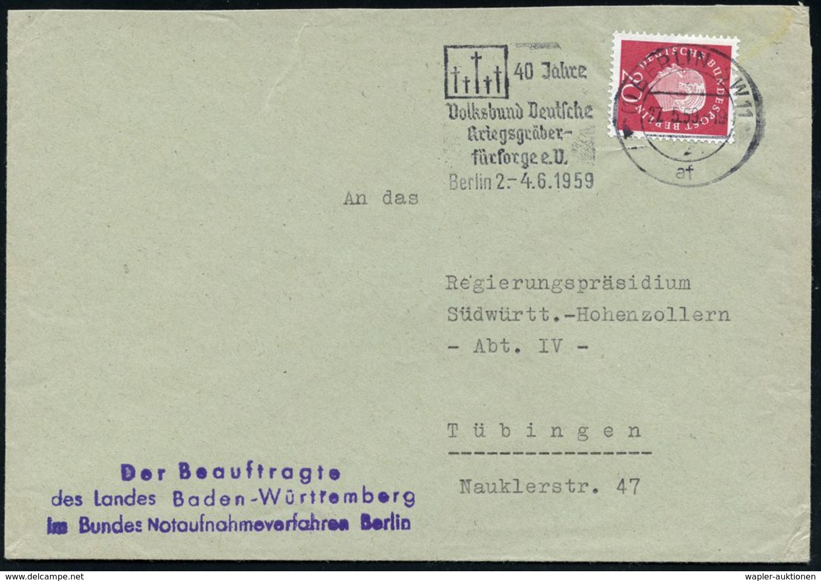 VERTRIEBENE / FLÜCHTLINGE : (1) BERLIN SW 11/ Af/ 40 Jahre/ Volksbund Deutsche/ Kriegsgräber-/ Fürsorge E.V. 1959 (27.5. - Rifugiati