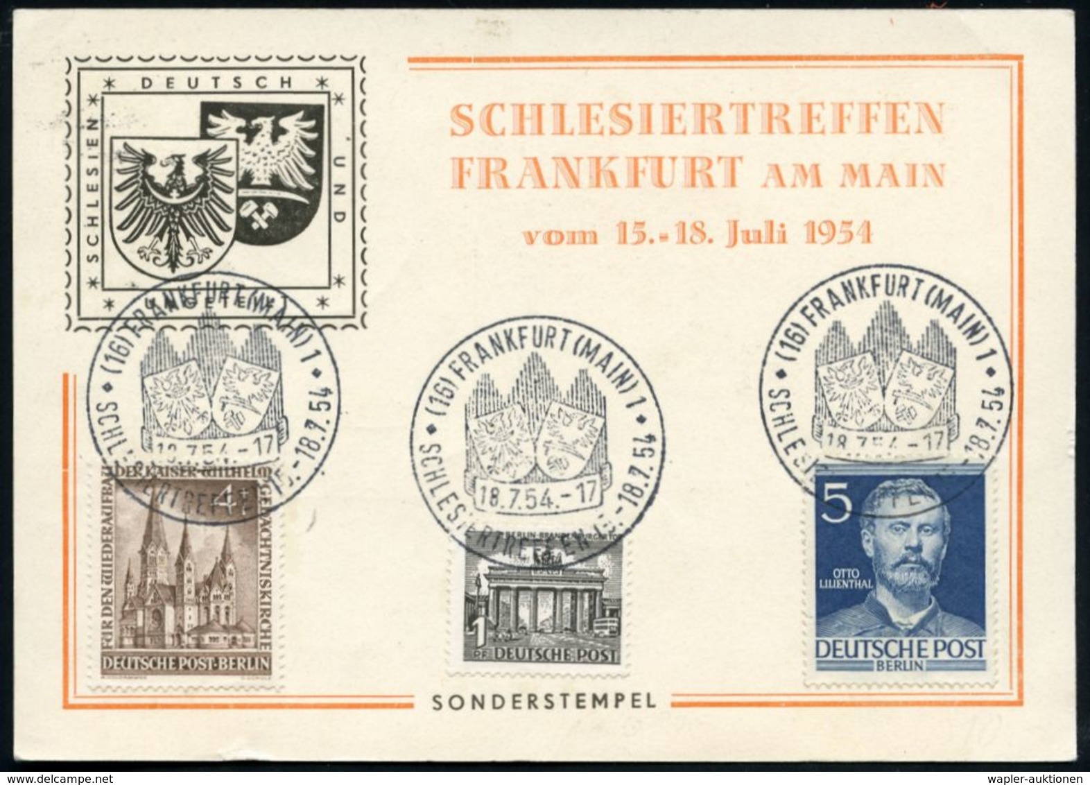 VERTRIEBENE / FLÜCHTLINGE : (16) FRANKFURT (MAIN) 1/ SCHLESIERTREFFEN 1954 (18.7.) SSt (Schles. U. Oberschles. Wappen) 3 - Flüchtlinge