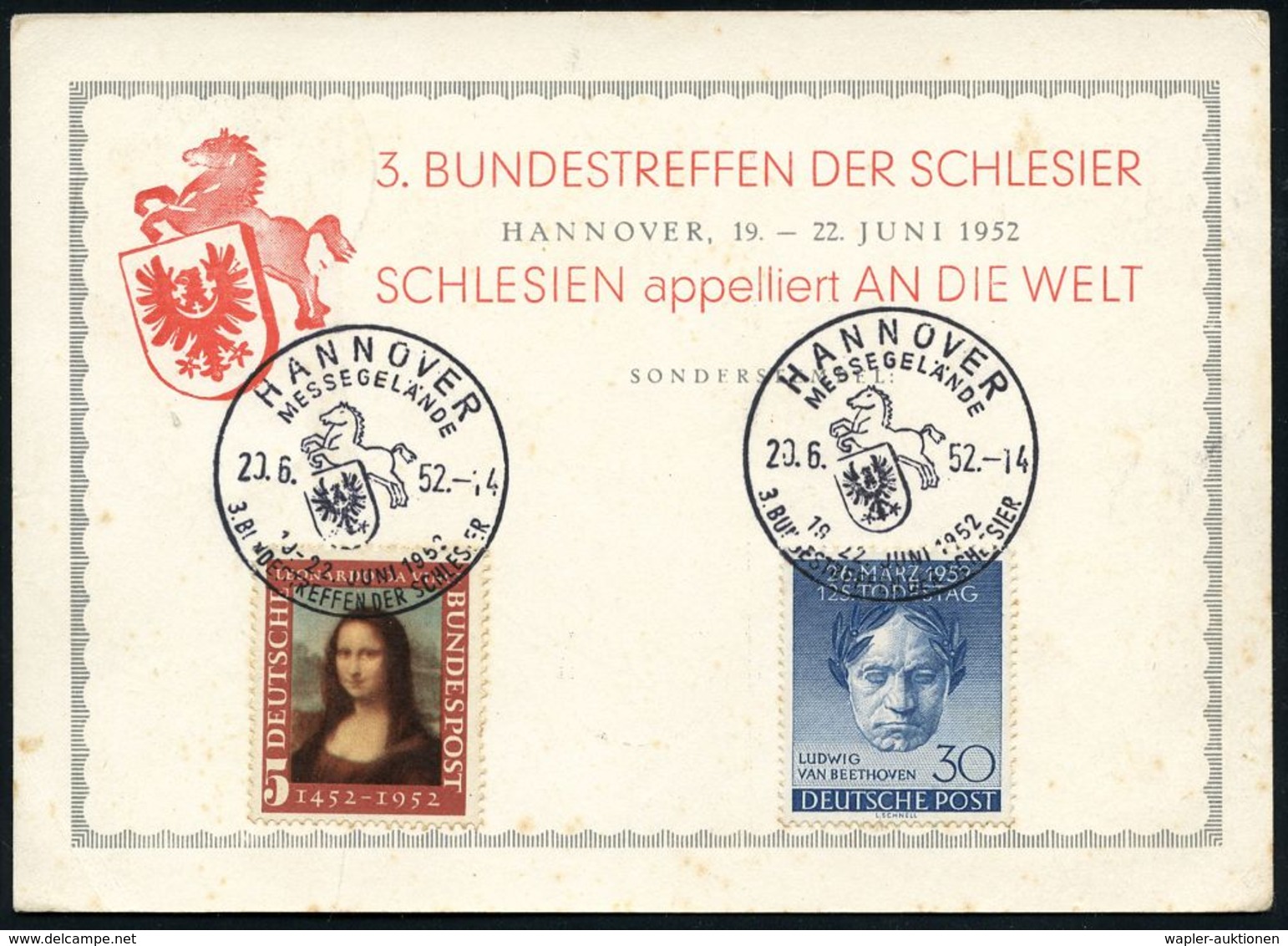 VERTRIEBENE / FLÜCHTLINGE : HANNOVER/ MESSEGELÄNDE/ 3.BUNDESTREFFEN DER SCHLESIER 1952 (22.6.) SSt (Pferd/Wappen) Klar A - Flüchtlinge