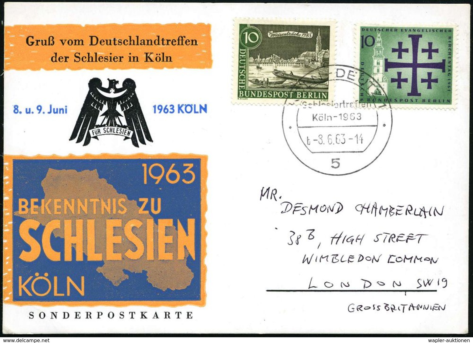 VERTRIEBENE / FLÜCHTLINGE : 5 KÖLN-DEUTZ 1/ Schlesiertreffen/ B 1963 (8.6.) SSt Auf Color-Sonder-Kt.: BEKENNTNIS ZU SCHL - Refugees